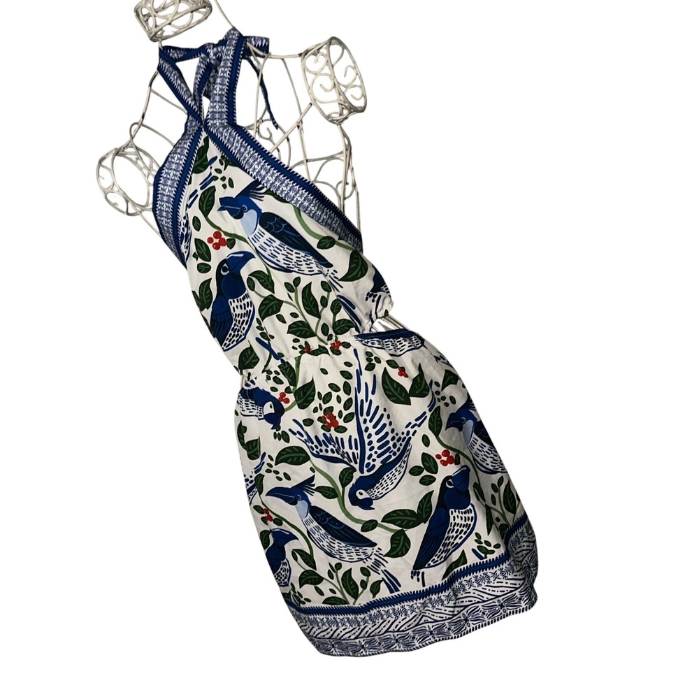 New with tags Rio Bird Print Halter Mini Dress Blue White Green Tropical XL